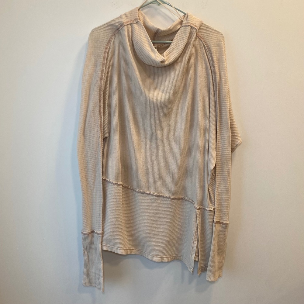 We The Free Women Thermal Top L Cream Cowl Neck Oversized Boho Loungewear Knit